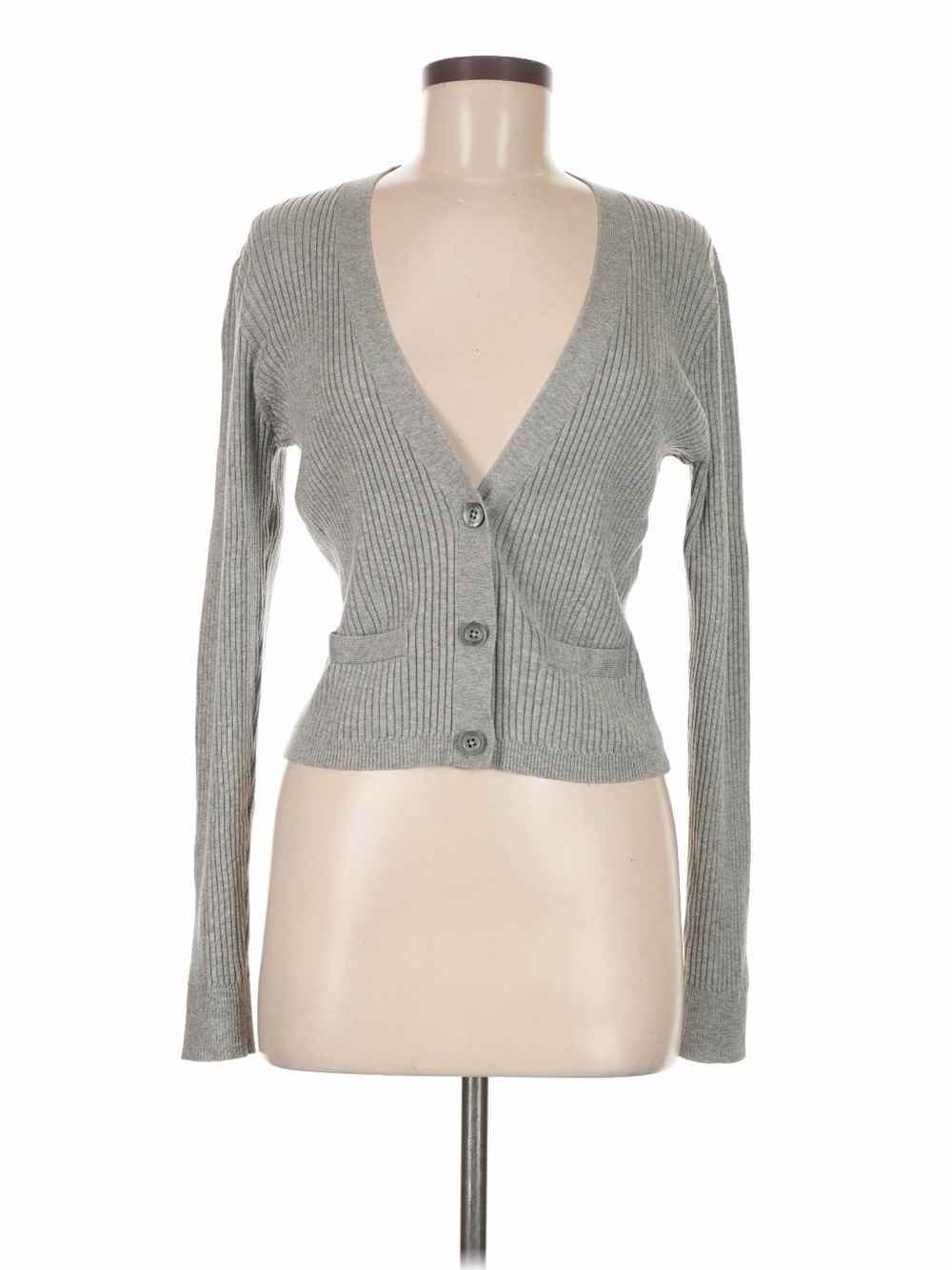 J. Crew Gray Ribbed V-Neck Button Cardigan (Medium)